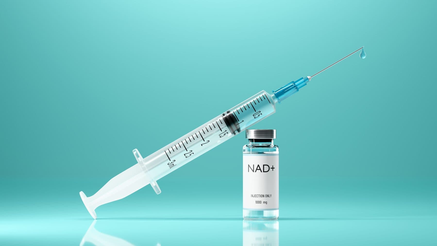 Peptide vial with syringe on teal background